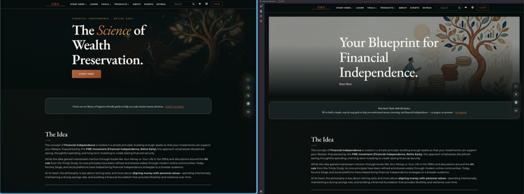 Side-by-side comparison of the default homepage hero (left) and the personalized hero variant B (right)